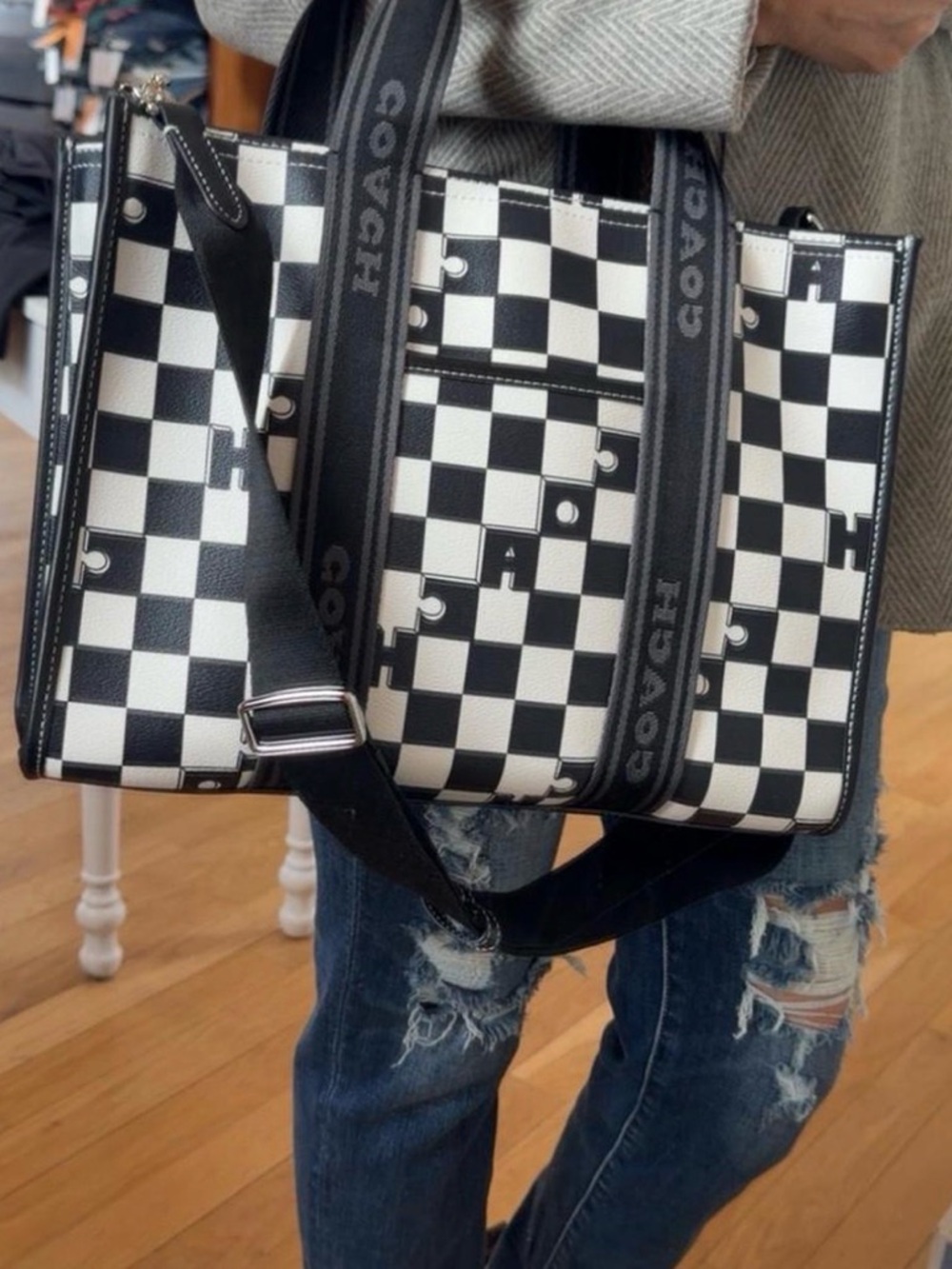 Coach Black and White Checkerboard Leather Tote with dust bag